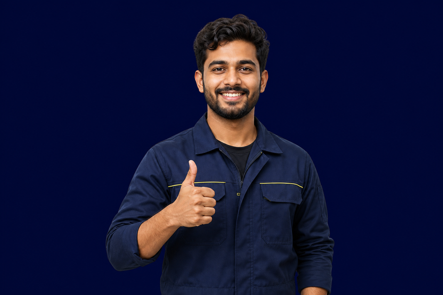 Smiling young local service expert giving a thumbs up